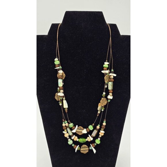 Coldwater Creek Multilayer Glass Beaded Necklace Abalone & Gold Tone Accents - Picture 1 of 7